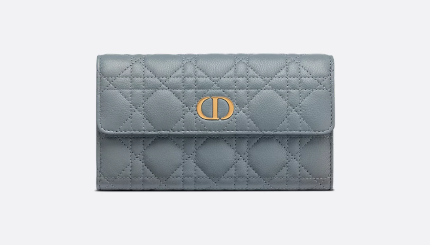 a grey leather wallet with gold logo